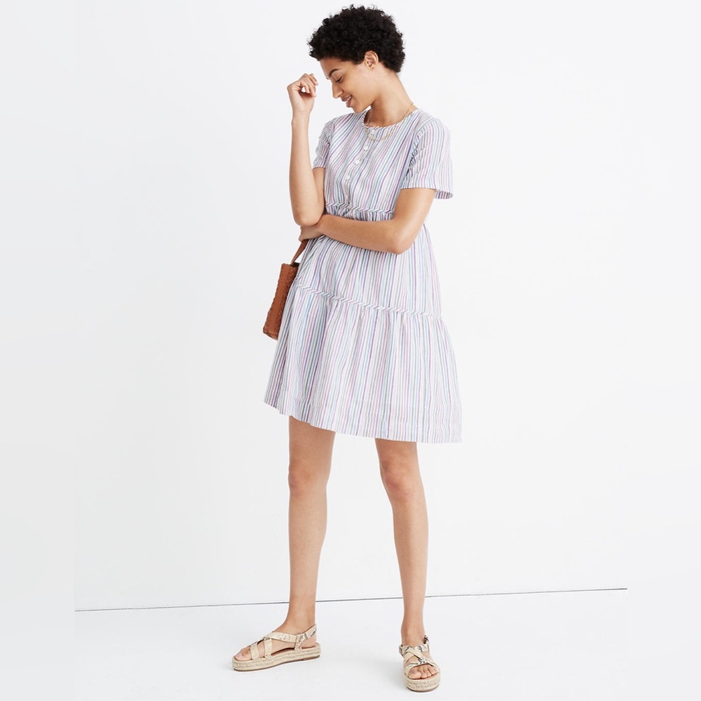 Striped Crewneck Button-Front Tiered Mini Dress/ M